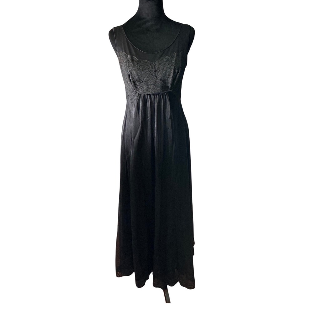 Vintage 70s Shadowline Black Lacey Nightgown Robe Set‎ Lingerie Sleepwear  Small